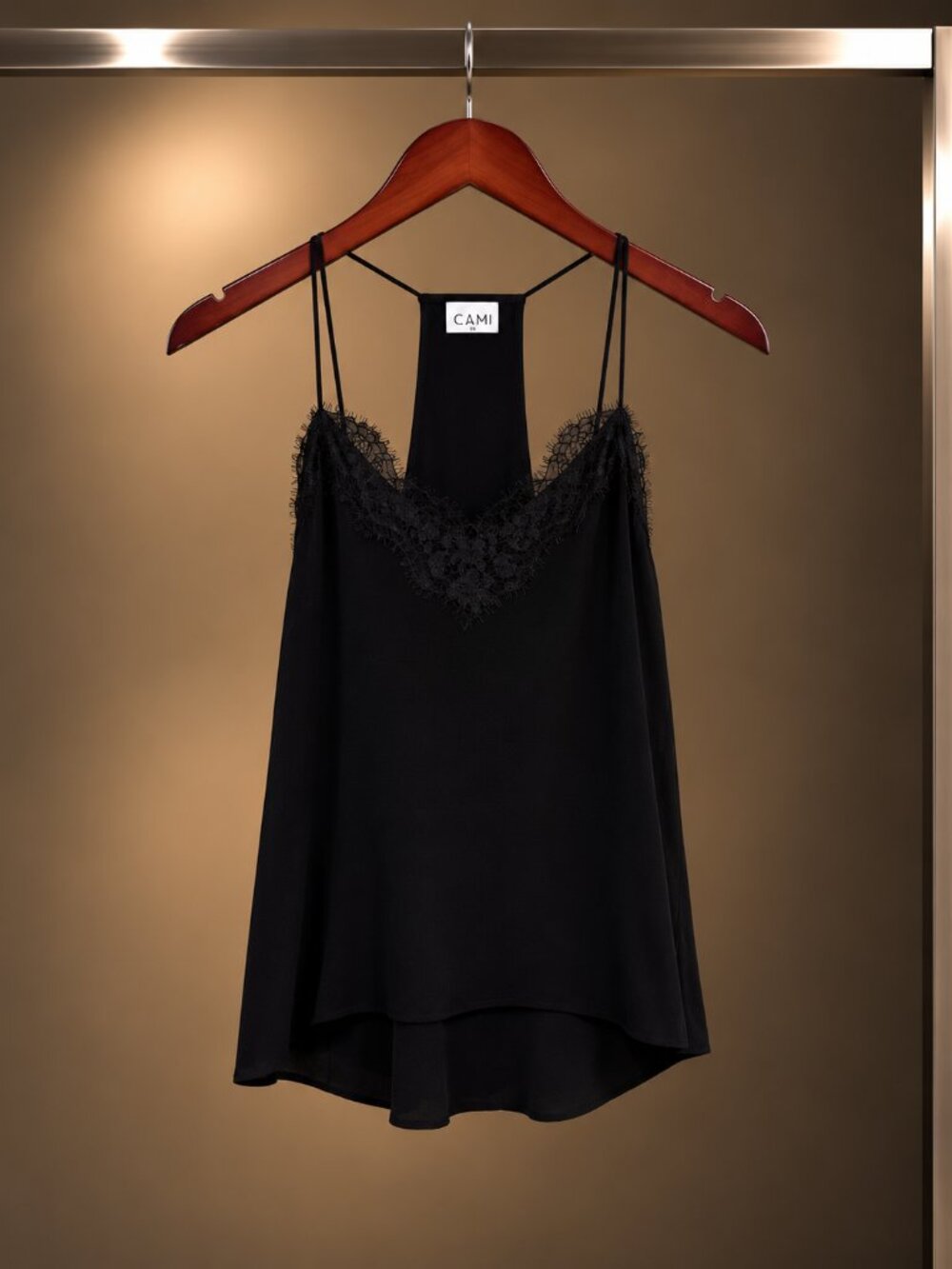 CAMI NYC The Racer Black Silk Lace Trim Racerback Camisole Size XXS